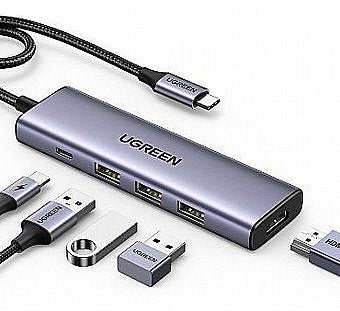 רכזת חיבורים 5 ב-1 למחשב - טייפ-סי ל-3xUSB3.0 + טייפ סי + HDMI 4K + PD100W חברת UGREEN דגם 15596