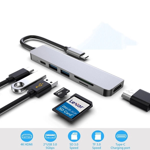 מתאם 6 ב-1 מטייפ סי ל-HDMI 4K ו3 כניסות USB 3.0, חריצי SD/TF וטעינה מהירה Airsky